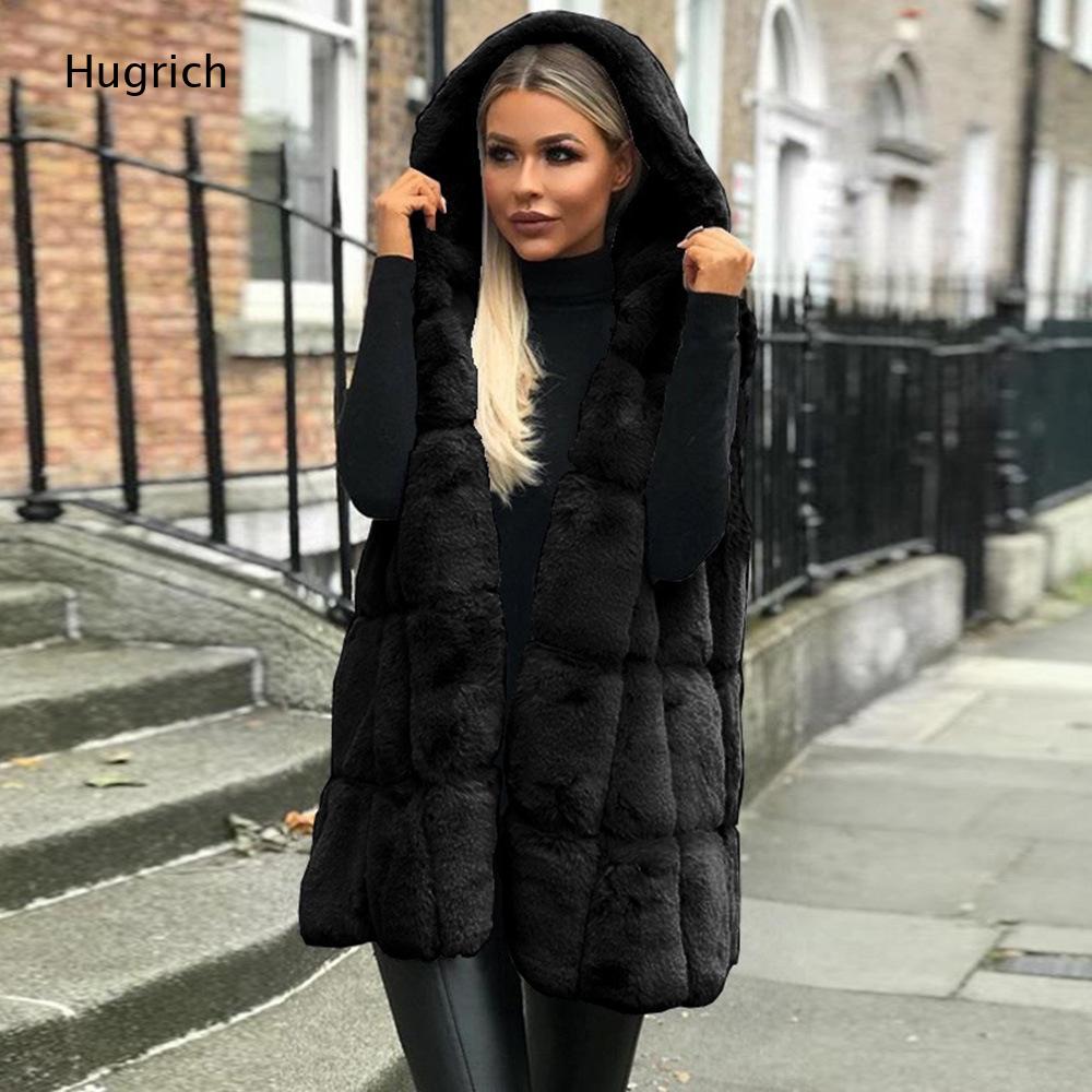 Women'S Fashion Gilet - Damen Braune Kunstfell-Weste mit Kapuze, Ärmellos,