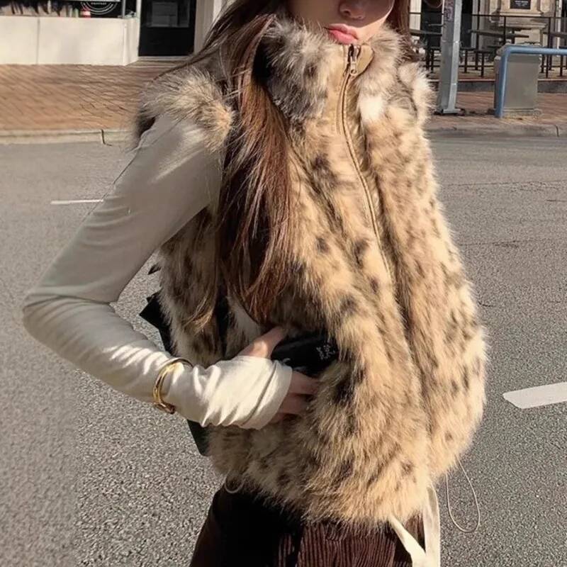 Women'S Fashion Gilet - Damen-Gilet aus Kunstfell mit Leopardenmuster, trendiger
