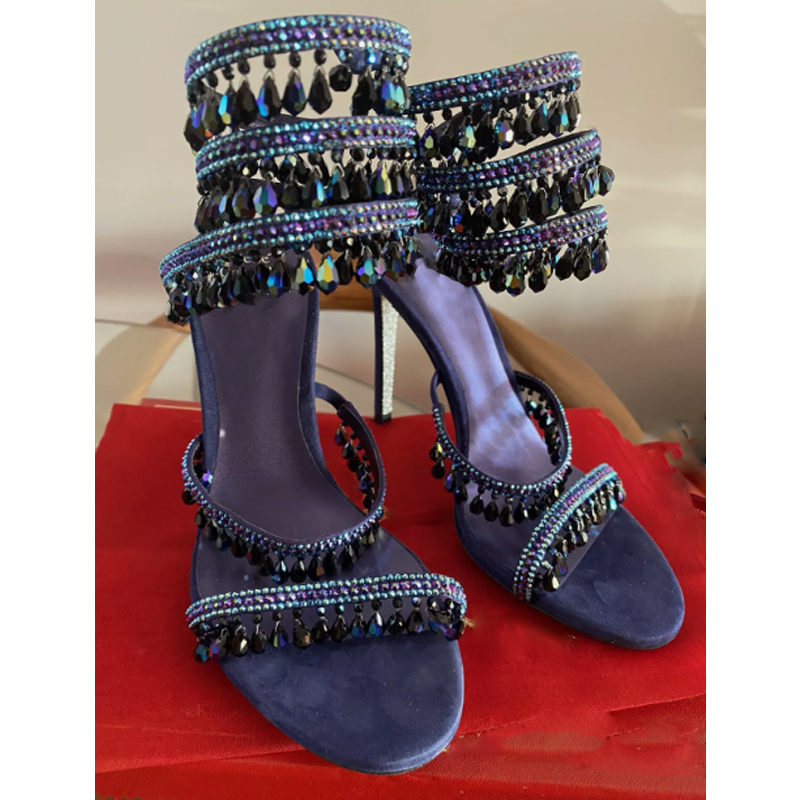 Women'S Fashion Summer 2025 - Kristall-Anhänger, Knöchel-Schlangen-Wickel-Sandalen, offene Zehen, High Heels,
