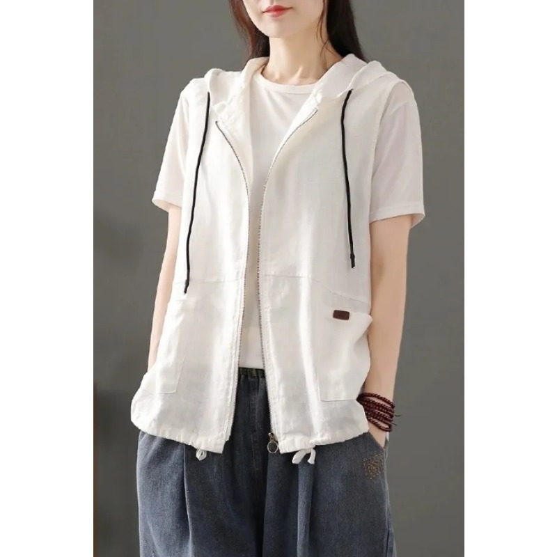 Women'S Fashion Gilet - Damenweste aus weißem Leinenmischgewebe mit Kapuze,