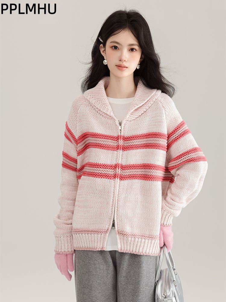 Women'S Fashion Gilet - Drehen-unten Kragen Gestreifte Strickjacke Koreanische Mode