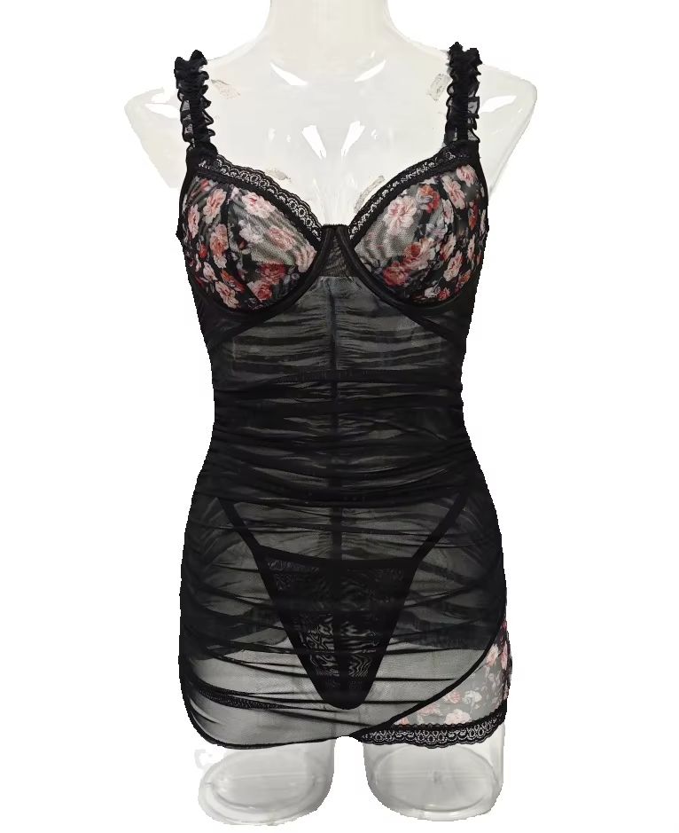 Bodycon Dress Women - Damen Spitzen-Dessous-Kleid mit Rüschen, Spaghettiträgern, gerafftem,