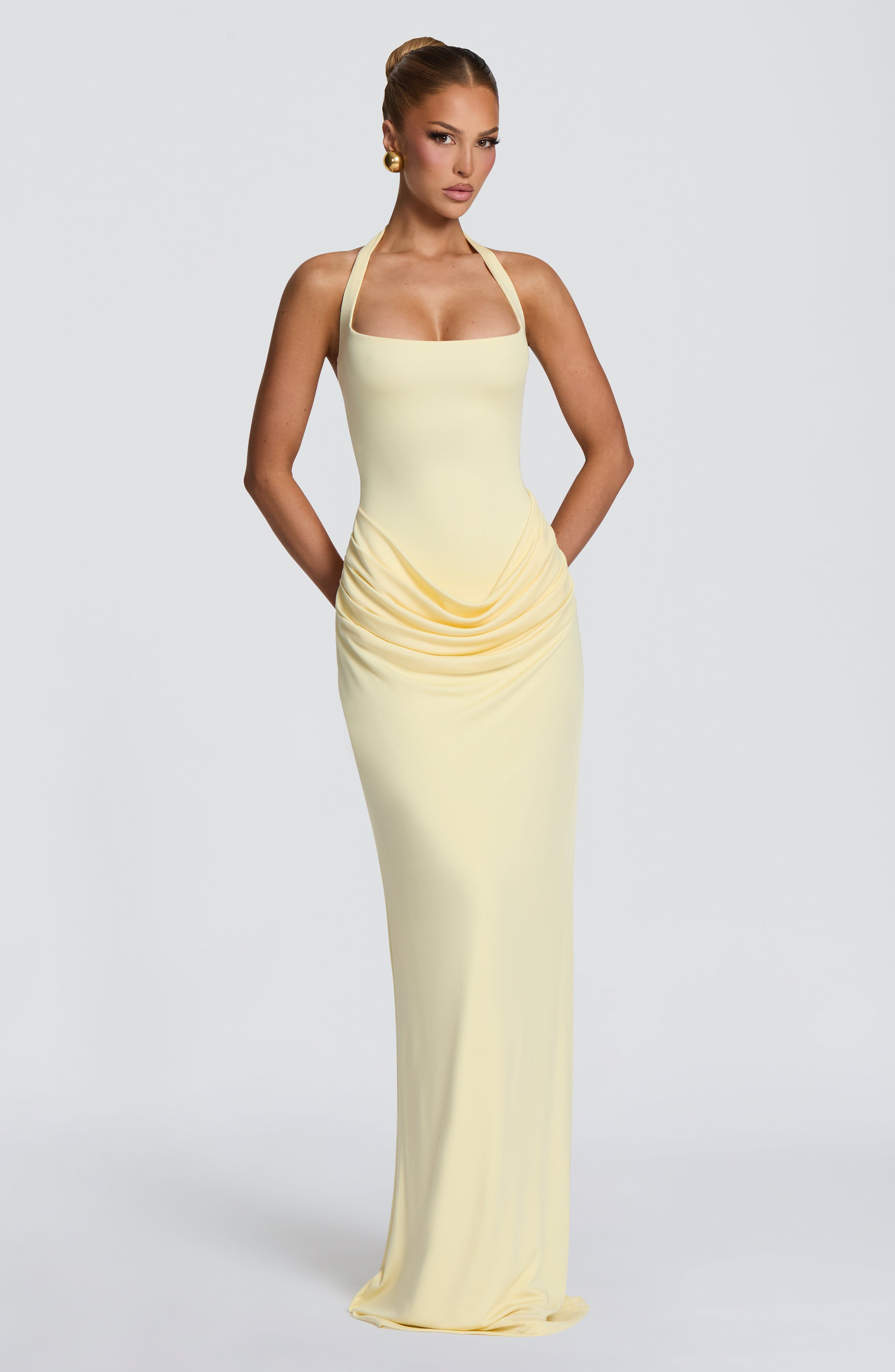 Bodycon Dress Women - Halter-Neck Maxikleid mit eckigem Ausschnitt, drapiertem